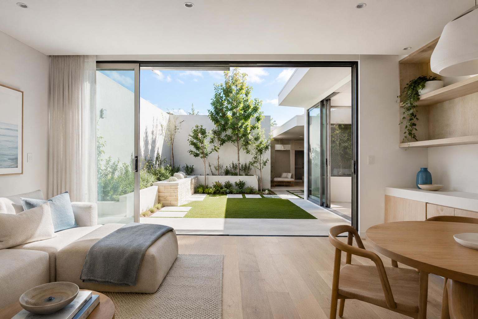 Bright modern Perth home interior opening to a landscaped courtyard