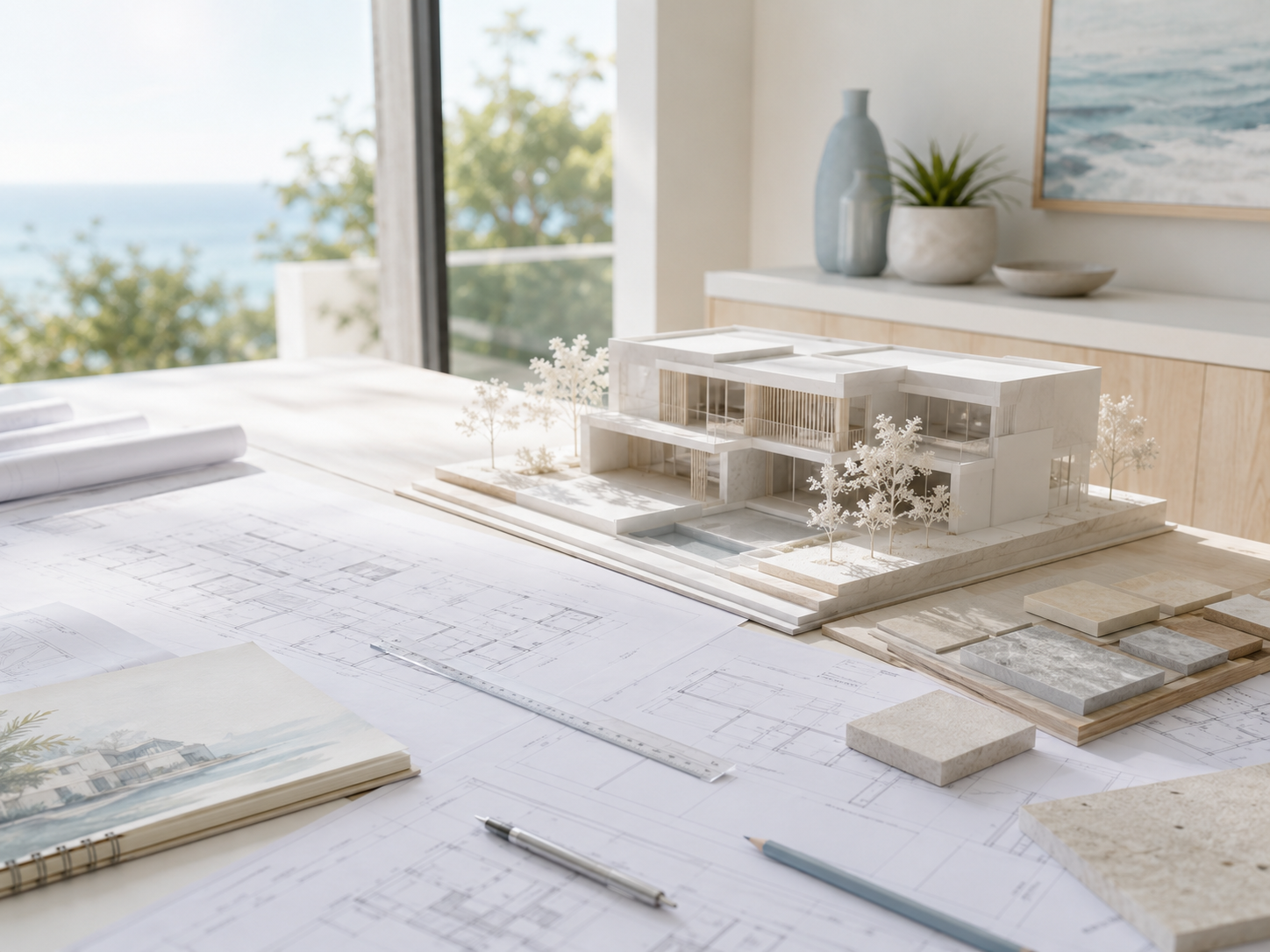 Architectural drawings and a scale model in daylight