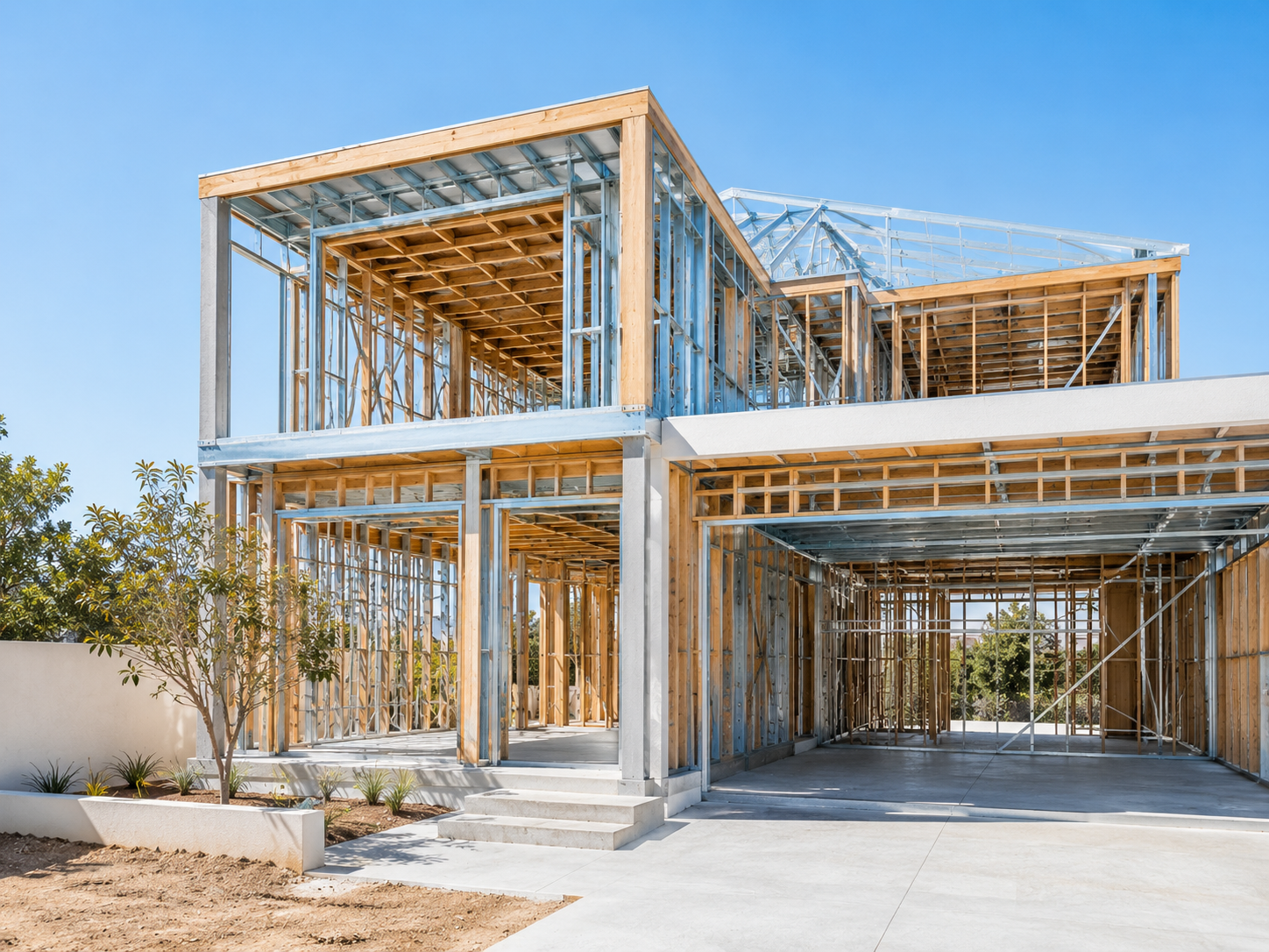 Precise steel and timber framing at structural stage in daylight