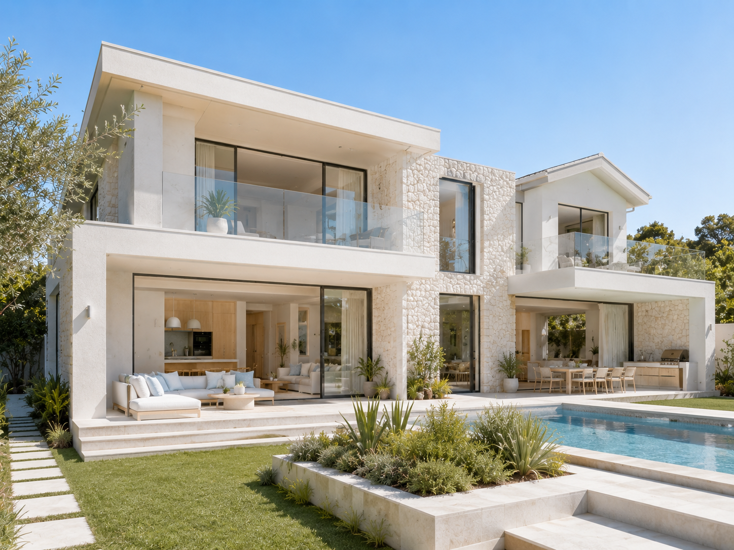 A modern home nearing completion in daylight