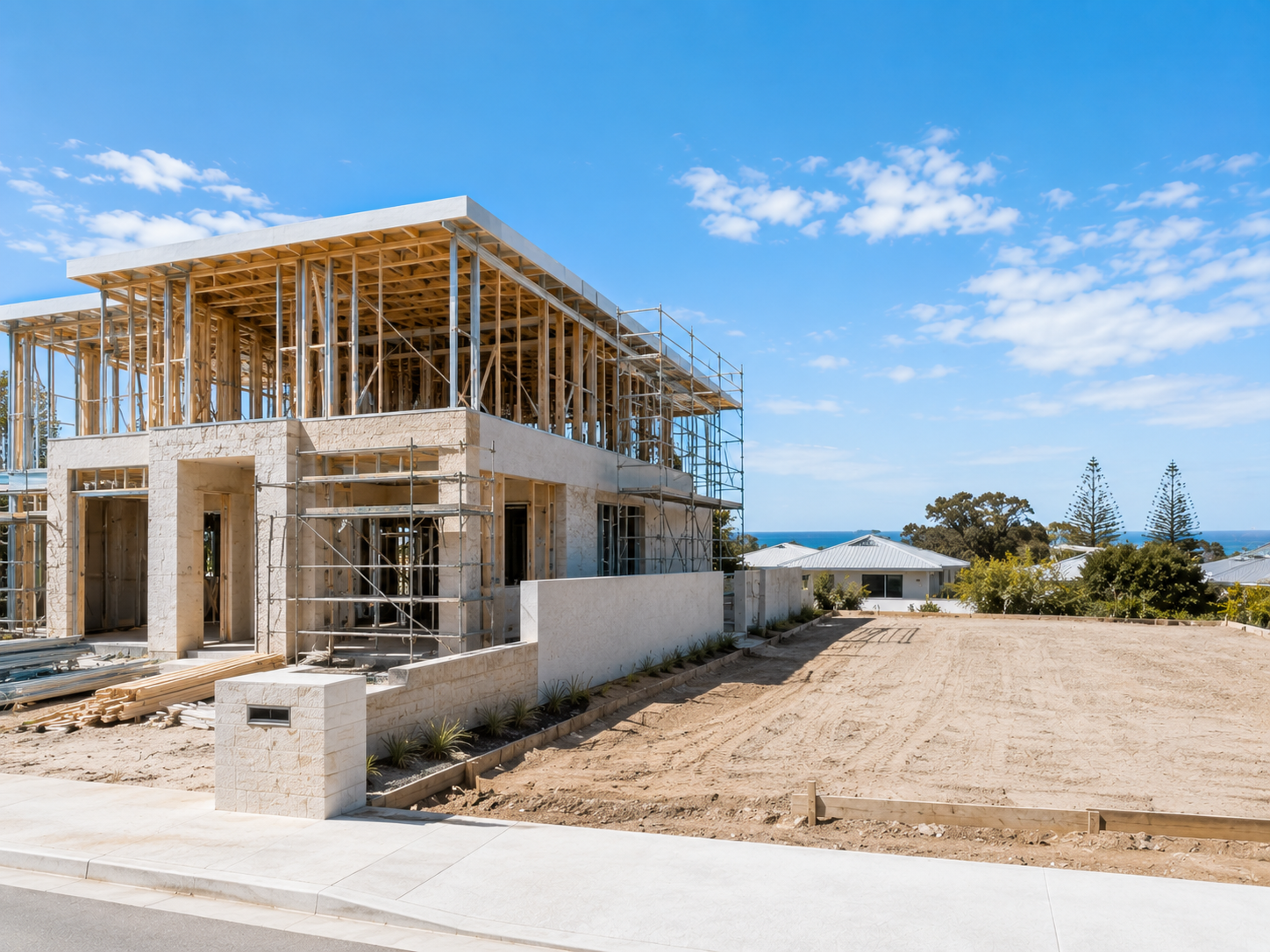 A new home under construction beside a cleared building pad in daylight