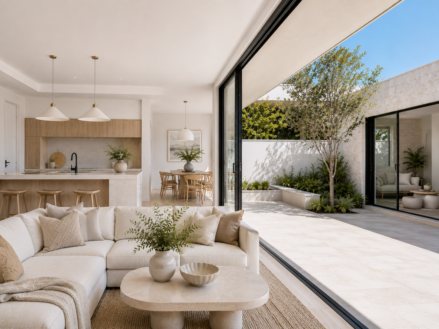 A renovated modern living space opening to a courtyard in daylight