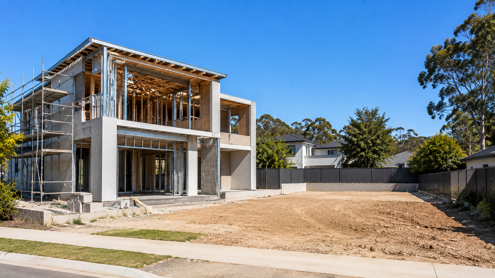 Modern home under construction beside a cleared building pad in daylight
