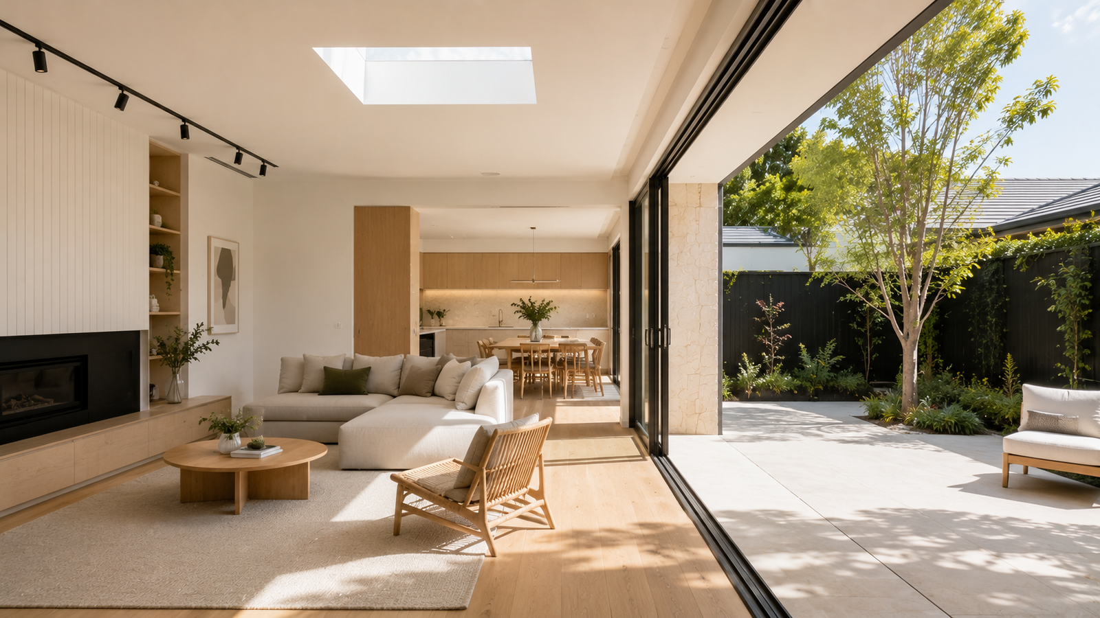 Renovated modern living space opening onto a landscaped courtyard in daylight
